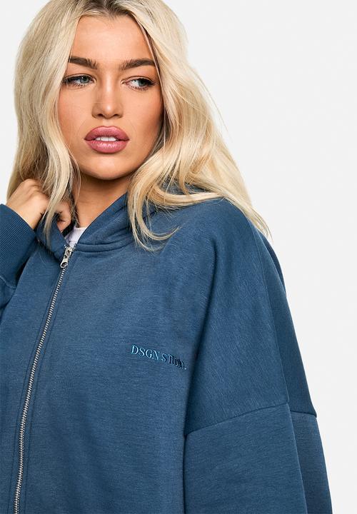 boohoo - Dsgn Studio Embroidered Boxy Crop Zip Through Hoodie - Petrol