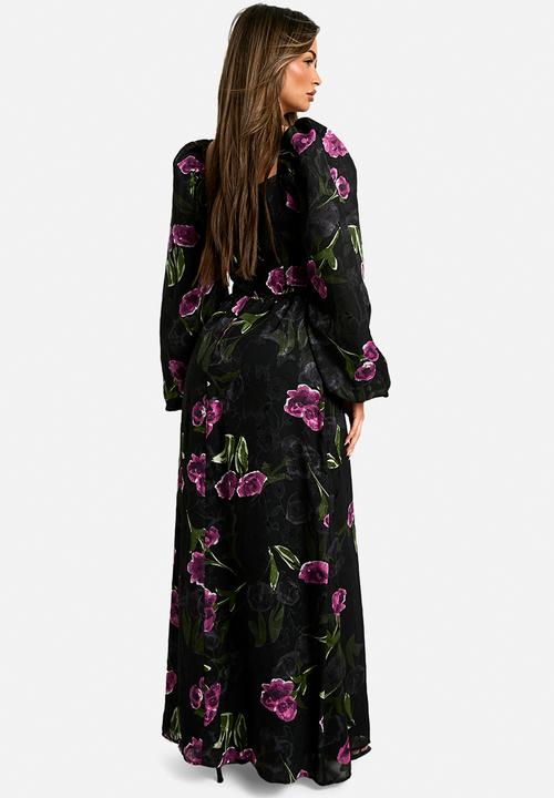 boohoo - Floral Burnout Milkmaid Maxi Dress - Black