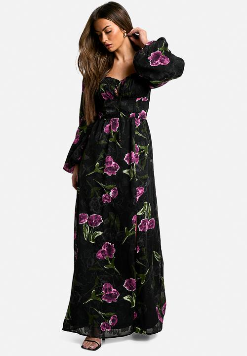 boohoo - Floral Burnout Milkmaid Maxi Dress - Black