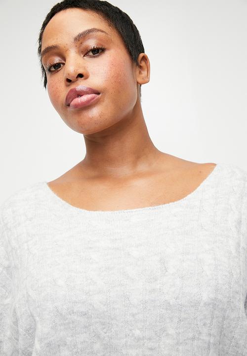 Cotton On - Plus Cable Off The Shoulder Knit Jumper - Light Grey Marle