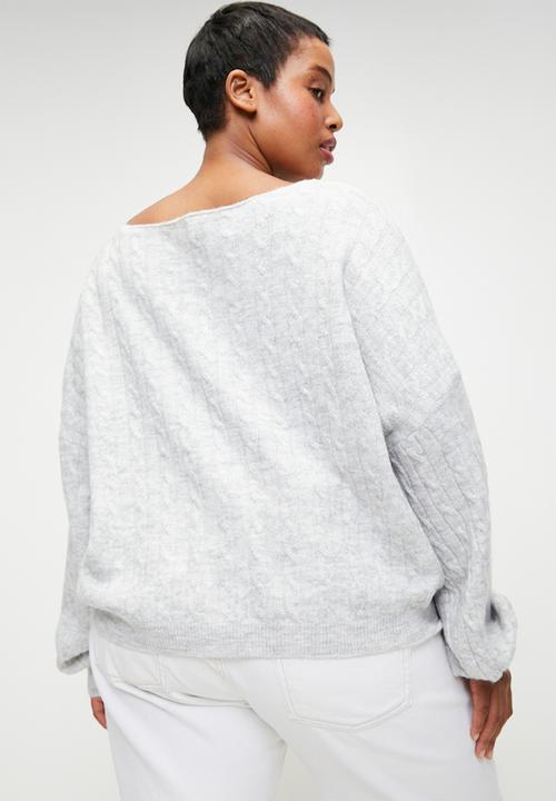Cotton On - Plus Cable Off The Shoulder Knit Jumper - Light Grey Marle