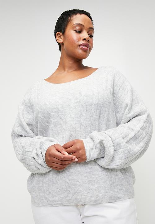 Cotton On - Plus Cable Off The Shoulder Knit Jumper - Light Grey Marle