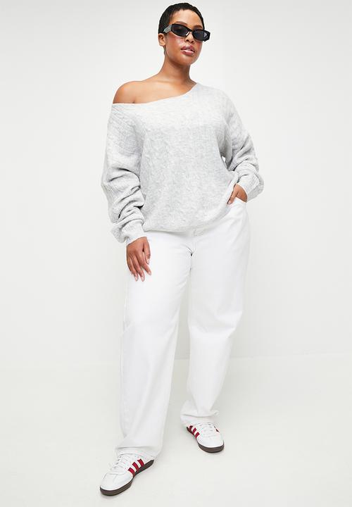 Cotton On - Plus Cable Off The Shoulder Knit Jumper - Light Grey Marle