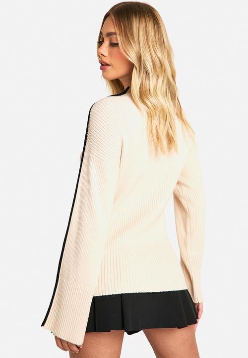 boohoo - Knitted Blanket Stitch Detail Crew Neck Oversized Jumper - Ecru