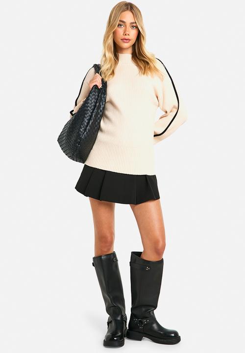 boohoo - Knitted Blanket Stitch Detail Crew Neck Oversized Jumper - Ecru