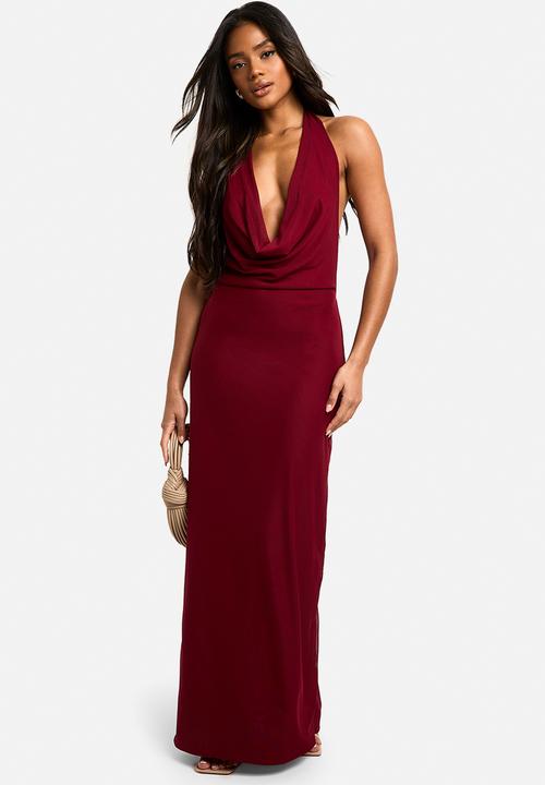 boohoo - Mesh Extreme Cowl Neck Maxi Dress - wine