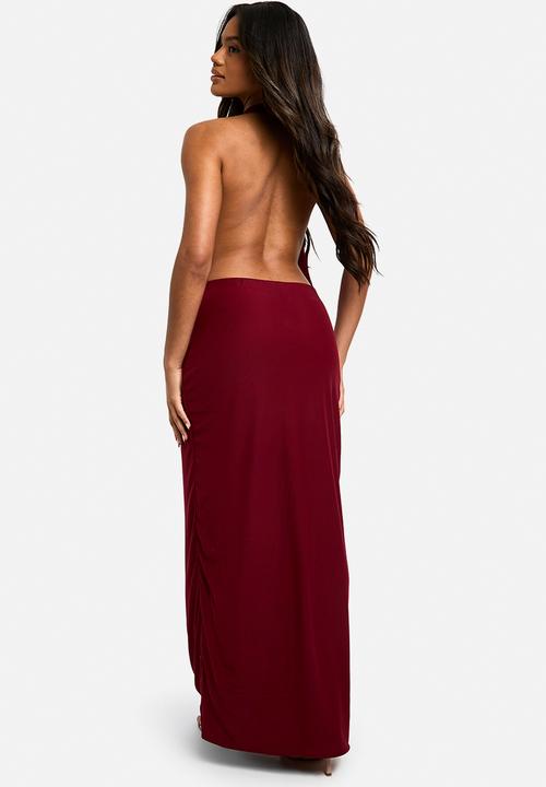 boohoo - Mesh Extreme Cowl Neck Maxi Dress - wine