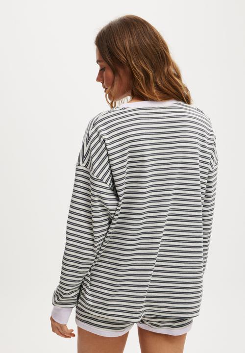 Cotton On - Stripe Lounge Long Sleeve - Black/Light Grey Marle Stripe