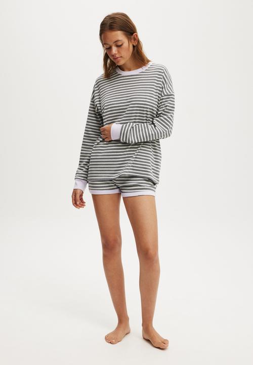 Cotton On - Stripe Lounge Long Sleeve - Black/Light Grey Marle Stripe