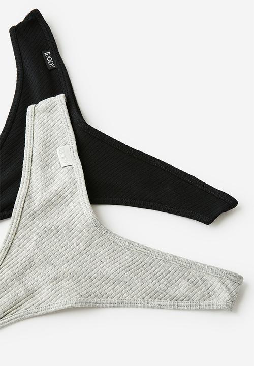 Cotton On - Organic Cotton Rib G String 2Pk - Black/Grey Marle