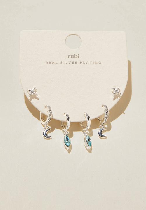Rubi - 3 Pack small earring- silver plated dia aqua moon