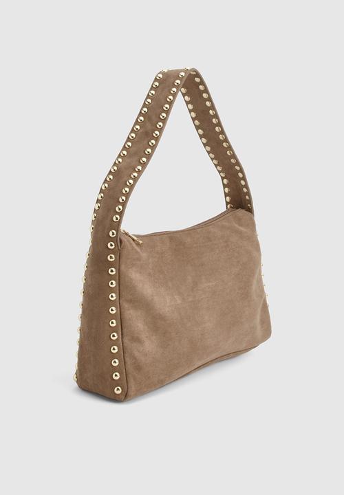 boohoo - Faux Suede Studded Handle Slouchy Shoulder Bag - taupe