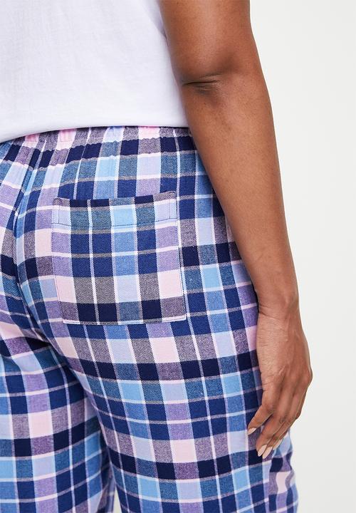 Cotton On - Plus Flannel Wide Leg Pant - Blue/ Pink Thomas Check