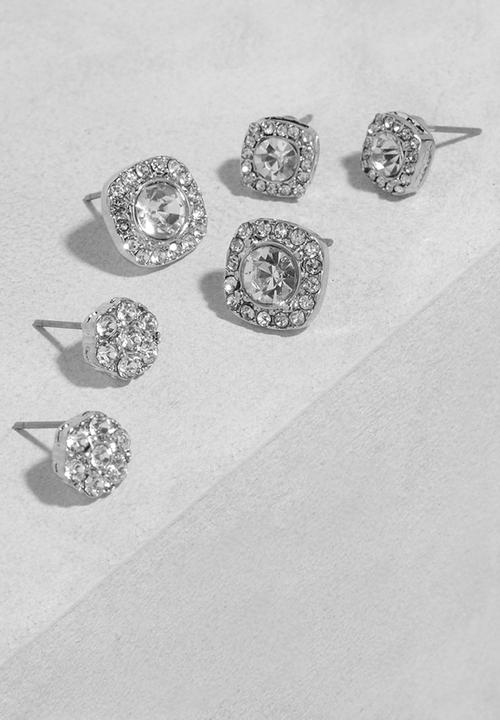 boohoo - Silver Square Diamante Stud 3 Pack - silver