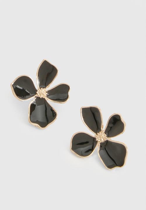 boohoo - Enamel Flower Stud Earrings - black