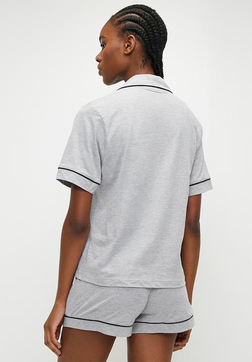 Blake - Knit button down sleep set - grey with black piping