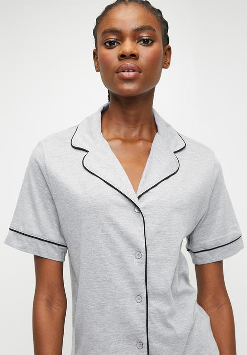 Blake - Knit button down sleep set - grey with black piping