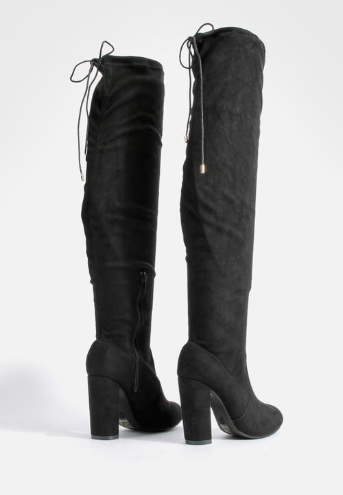boohoo - Block heel tie faux suede thigh high boots - black
