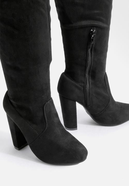 boohoo - Block heel tie faux suede thigh high boots - black