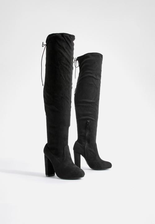 boohoo - Block heel tie faux suede thigh high boots - black