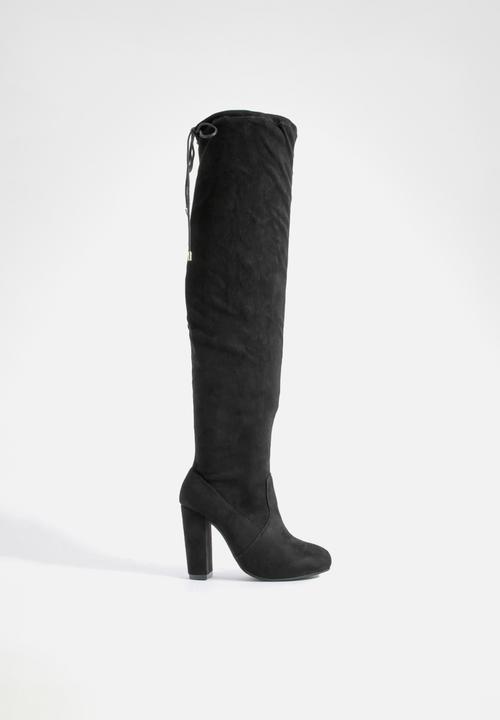 boohoo - Block heel tie faux suede thigh high boots - black