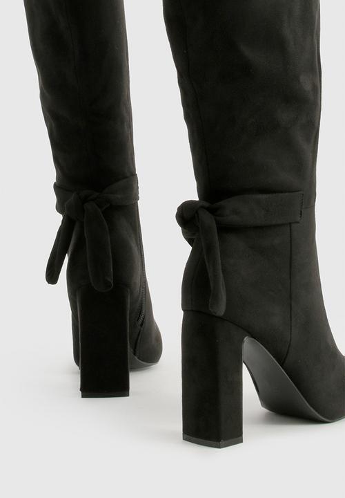 boohoo - Bow detail block heel knee high boots - black