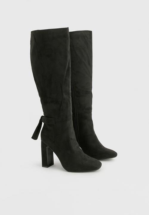 boohoo - Bow detail block heel knee high boots - black