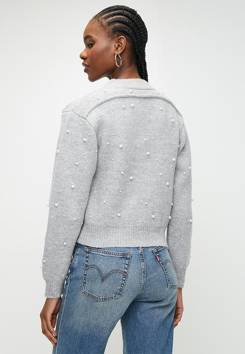 Trendyol - Soft textured zippered stone embroidered jacket-look knitwear - grey 