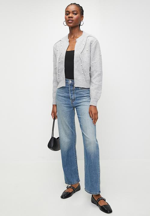 Trendyol - Soft textured zippered stone embroidered jacket-look knitwear - grey 