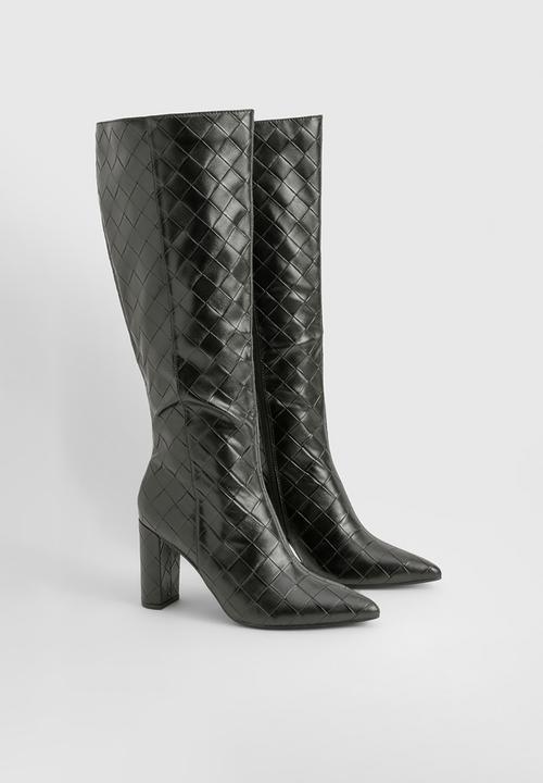 boohoo - Woven detail block heeled knee high boots - black