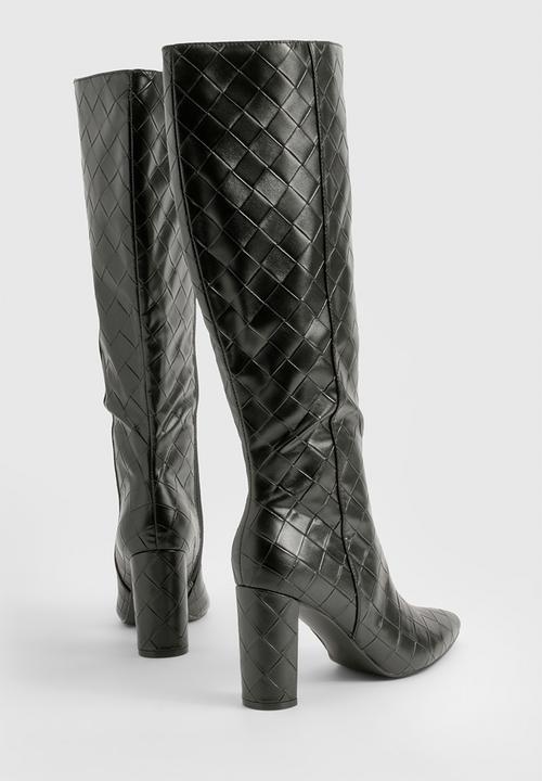 boohoo - Woven detail block heeled knee high boots - black