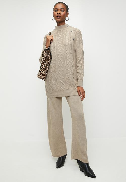 Trendyol - Button detailed hair knitted sweater top-bottom set - mink 