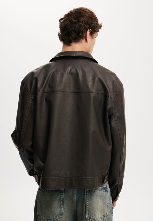 Cotton On - Faux Leather Cropped Harrington - Vintage Brown