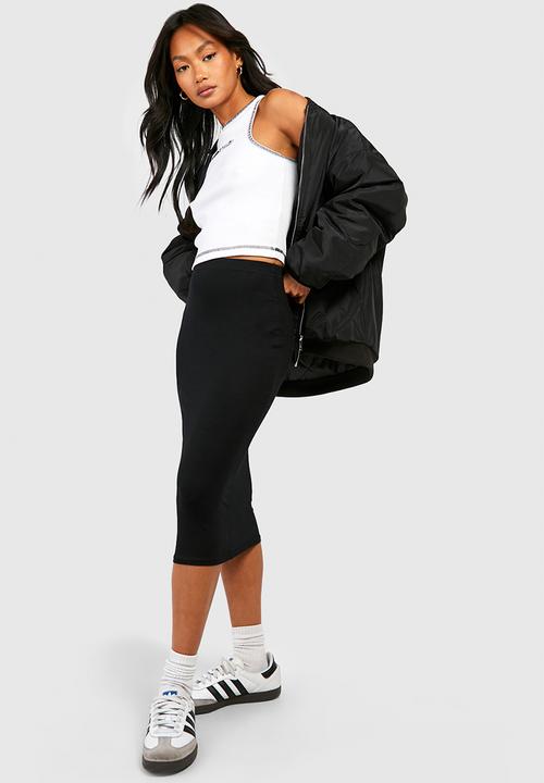 boohoo - Basic Solid Black High Waisted Midi Skirt - Black