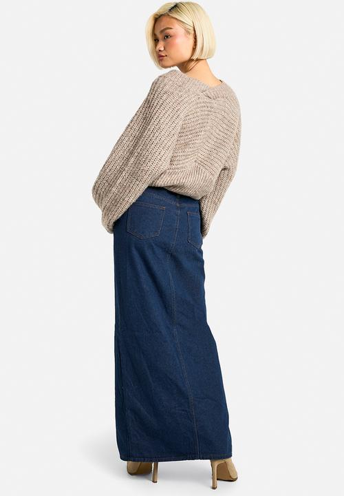 boohoo - Dark Wash Split Front Denim Maxi Skirt - Dark Wash