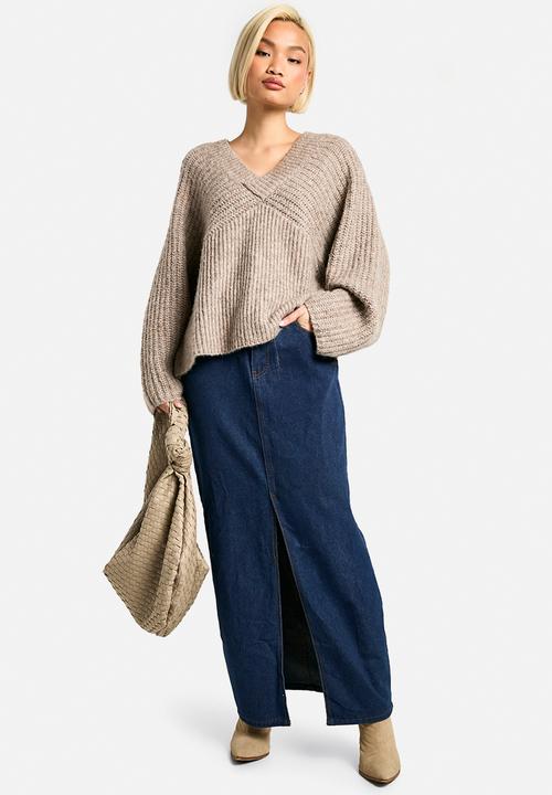 boohoo - Dark Wash Split Front Denim Maxi Skirt - Dark Wash