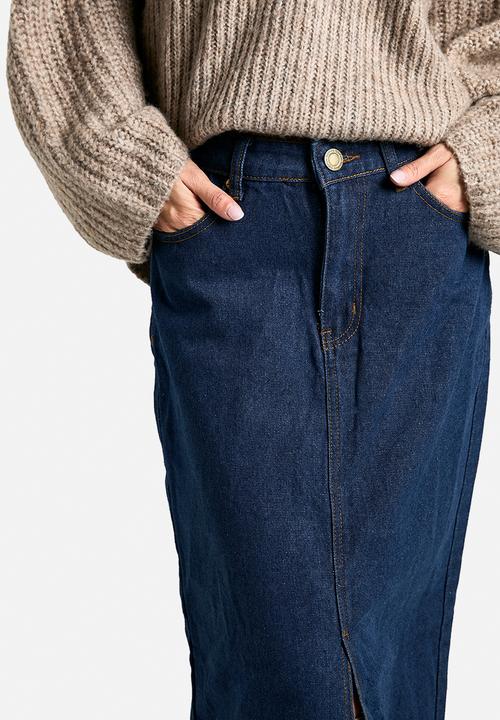 boohoo - Dark Wash Split Front Denim Maxi Skirt - Dark Wash