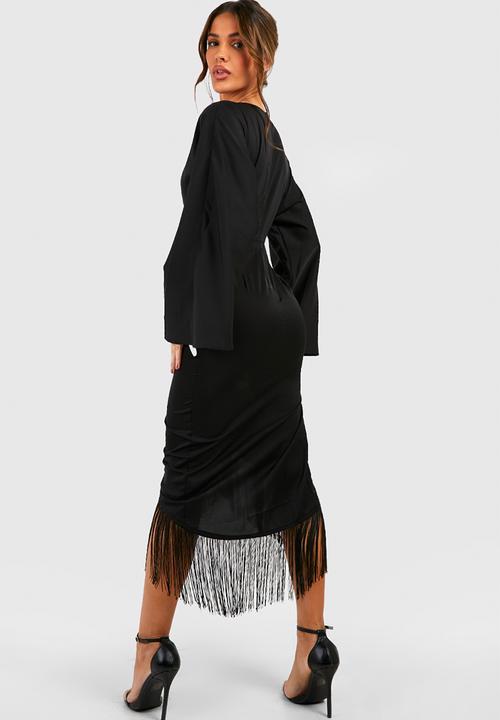 boohoo - Tassel Hem Wrap Midi Dress - Black