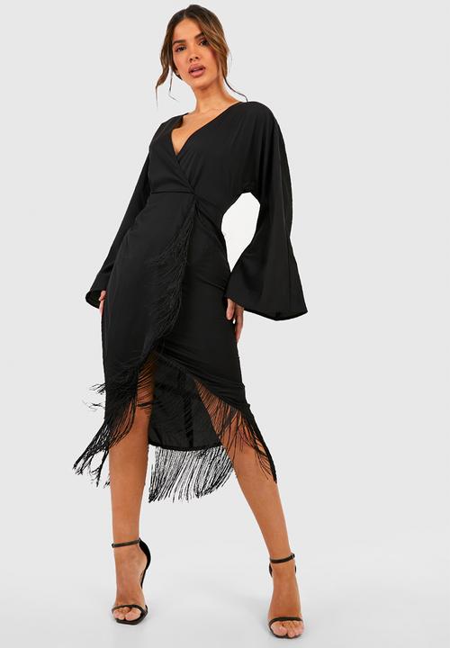 boohoo - Tassel Hem Wrap Midi Dress - Black