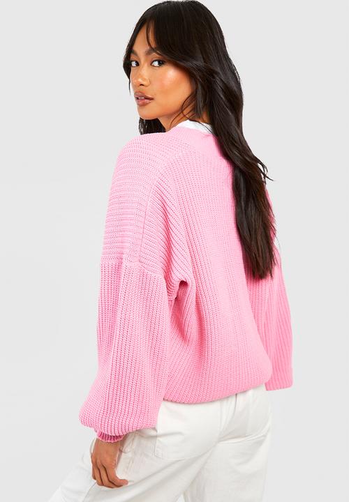 boohoo - Balloon Sleeve Button Through Rib Cardigan - Pink