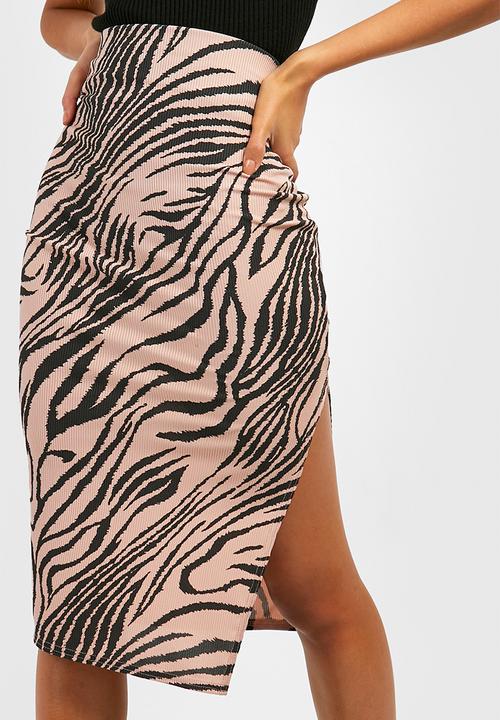 boohoo - Zebra Print Rib Side Split Midi Skirt - Stone