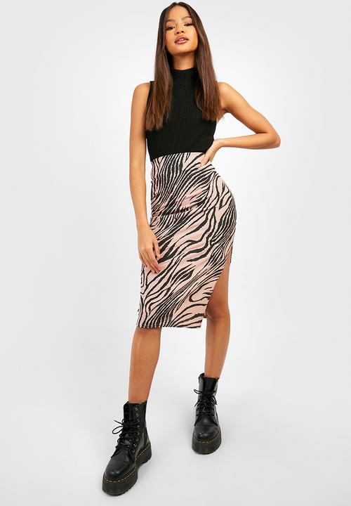 boohoo - Zebra Print Rib Side Split Midi Skirt - Stone