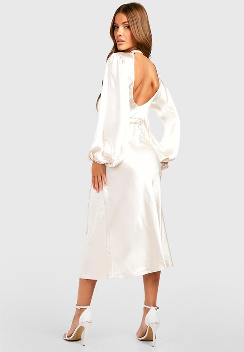 boohoo - Satin High Neck Balloon Sleeve Midi Dress - Champagne