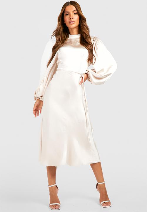 boohoo - Satin High Neck Balloon Sleeve Midi Dress - Champagne
