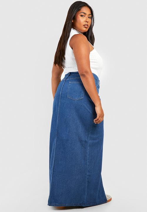 boohoo - Plus Denim Split Front Maxi Skirt - Mid Blue