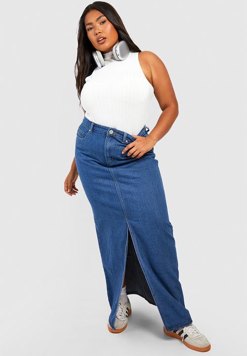 boohoo - Plus Denim Split Front Maxi Skirt - Mid Blue