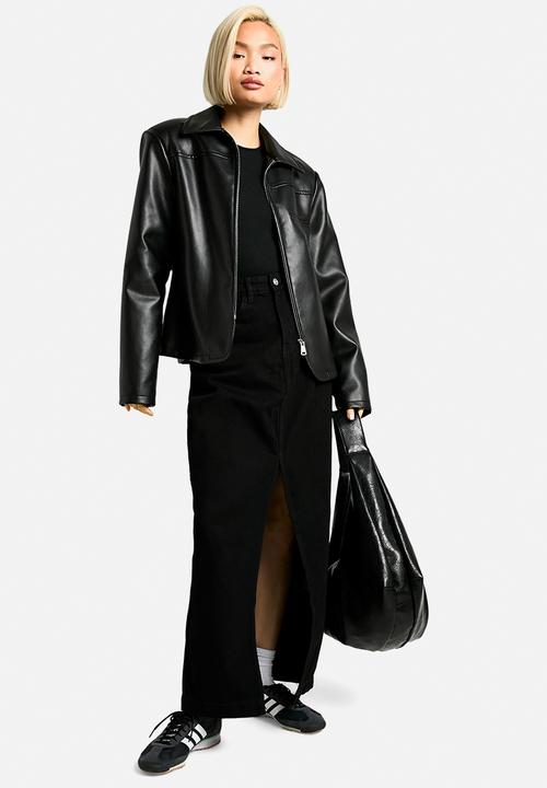 boohoo - Basic Split Front Denim Maxi Skirt - Washed Black
