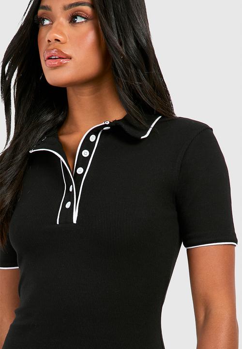 boohoo - Contrast Rib Button Down Collared Mini Dress - Black