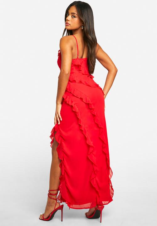 boohoo - Ruffle Chiffon Maxi Dress - Red