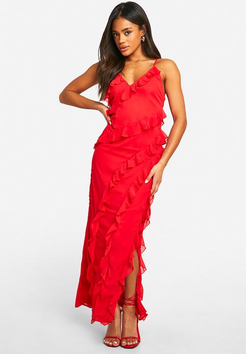 boohoo - Ruffle Chiffon Maxi Dress - Red